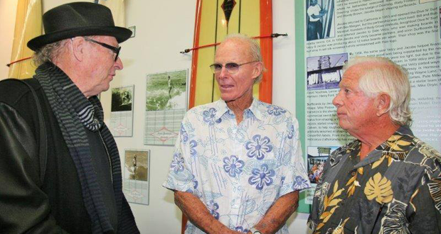 left to right:  John Van Hamersveld, Hap Jacobs, and Henry Ford during the opening of the Surfing Heritage and Culture Center exhibit:  "Hap Jacobs: Celebrating 60 Years of Shaping." Photo credit:  Sharon Marshall
