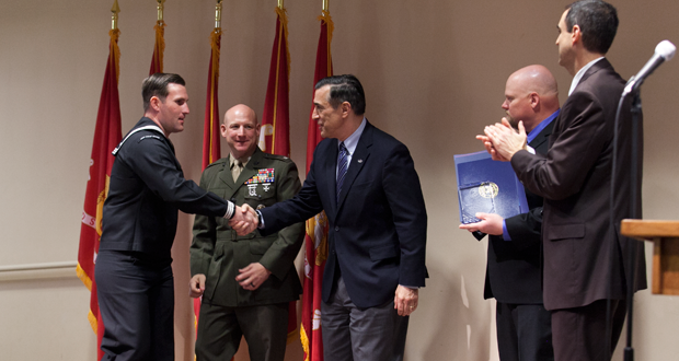 HM2 Brian Kringle-Sailor of the Year, 1st BN, 1st Marines, 1st Marine with Col. John R. Polidoro, Jr, Congressman Darrell Issa, Joshua Van Orden and Chamber CEO Scott Ashton