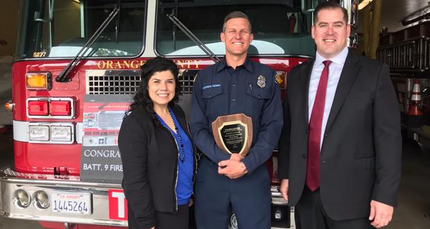 Orange County Fire Authority Firefighter Drew Henry was presented with Fairhaven's “Responders First” award by General Manager Ruth Velez and Dignity Memorial Area Vice President Rod Gomez. (Photo courtesy:  Fairhaven Memorial Park)