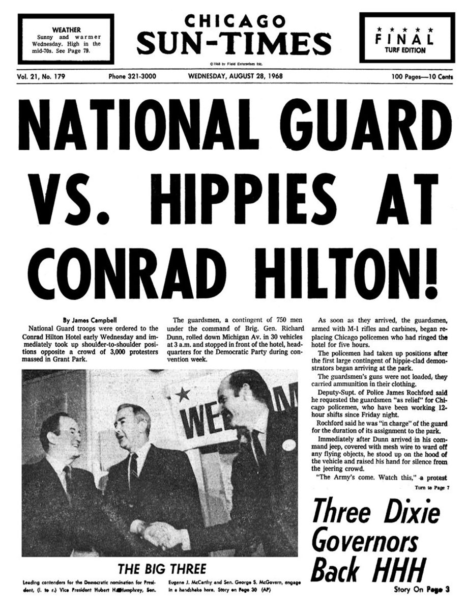 The Chicago Sun-Times front page from Aug. 28, 1968, covered the unrest of the Democratic Convention at the time. (Chicago Sun-Times)