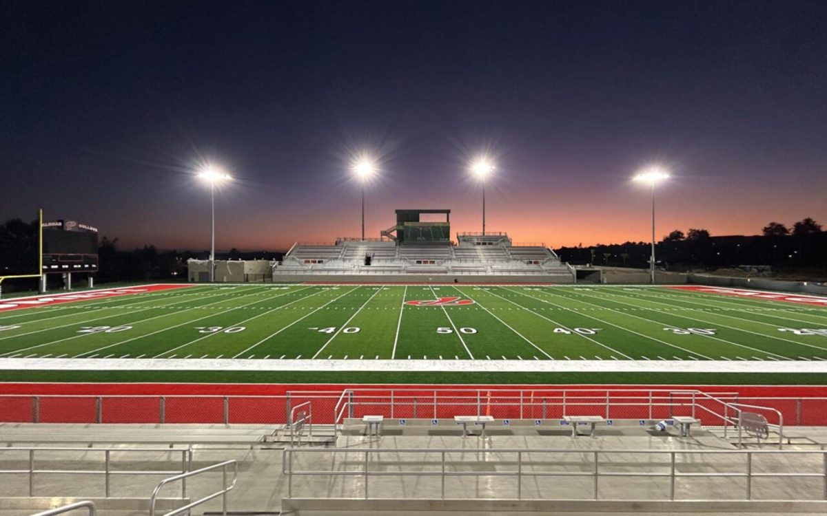 The new Palomar College football stadium in San Marcos is pictured July 2 during a test of the field lights. (Palomar College photo)