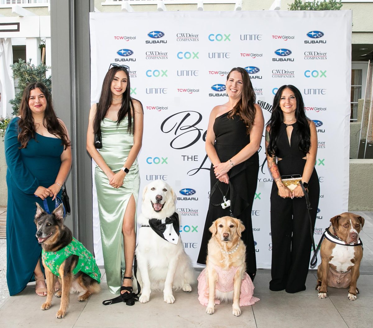 Left to right: Cassie Bostrom and therapy dog Harley, Anahi Witt and therapy dog Hunter, Bri Duffield and therapy dog Nala, and Nicky Moore and therapy dog Moose attend Shelter to Soldier’s Be the Light Gala on Aug. 18 at L’Auberge Del Mar. (Courtesy photo)