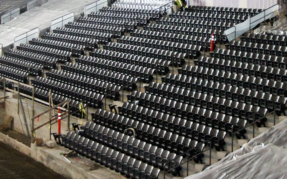 Seating installation is pictured May 29 at Frontwave Arena in Oceanside. (Frontwave Arena photo)