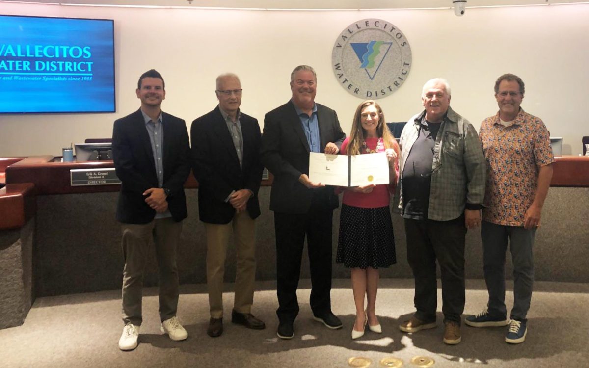 Picture Aug. 7 from left to right are Vallecitos Water District board member Erik A. Groset, board member Craig Elitharp, Chris Palmer of the Special District Leadership Foundation, board President Tiffany Boyd-Hodgson; board Member Jim Hernandez and board Vice President Jim Pennock. (Courtesy photo)