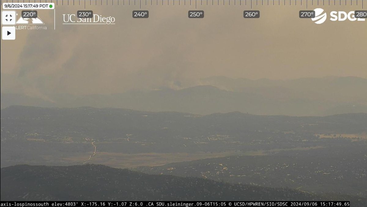 This ALERTCalifornia image on Sept. 6 shows a view from Los Pinos Mountain, in southeast San Diego County, of a wildfire burning just south of the U.S.-Mexico border. (CalFire photo) 