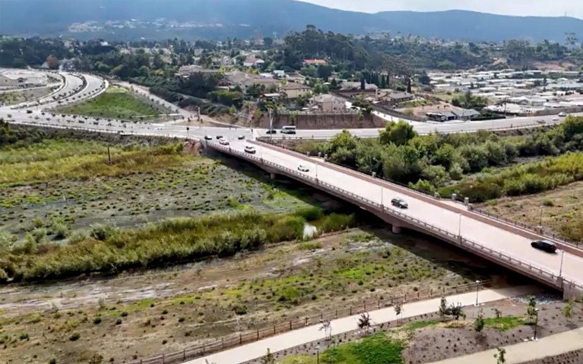 A new bridge connects a widened Bent Avenue across San Marcos Creek to Discovery Street. The city marked the official completion of the San Marcos Creek Project on Oct. 16. (San Marcos city photo)