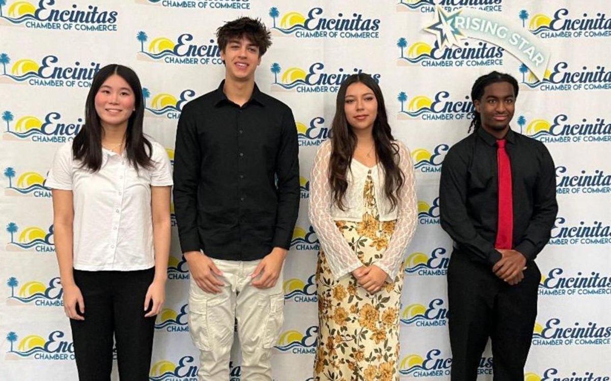 Left to right: Sarah Gao from Canyon Crest Academy, Jayden Magnin from La Costa Canyon High School, Angelly Zepeda from San Dieguito High School Academy and  Kyson Hanson from Torrey Pines High School at the Encinitas Chamber of Commerce’s Rising Star of the Month event on Nov. 13. (Courtesy photo)