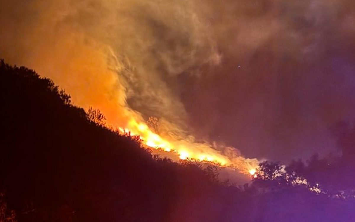 A Cal Fire social media photo shows flames from the Lilac 2 Fire, which broke out early Tuesday morning in the area of Bonsall in North San Diego County. (Cal Fire photo)