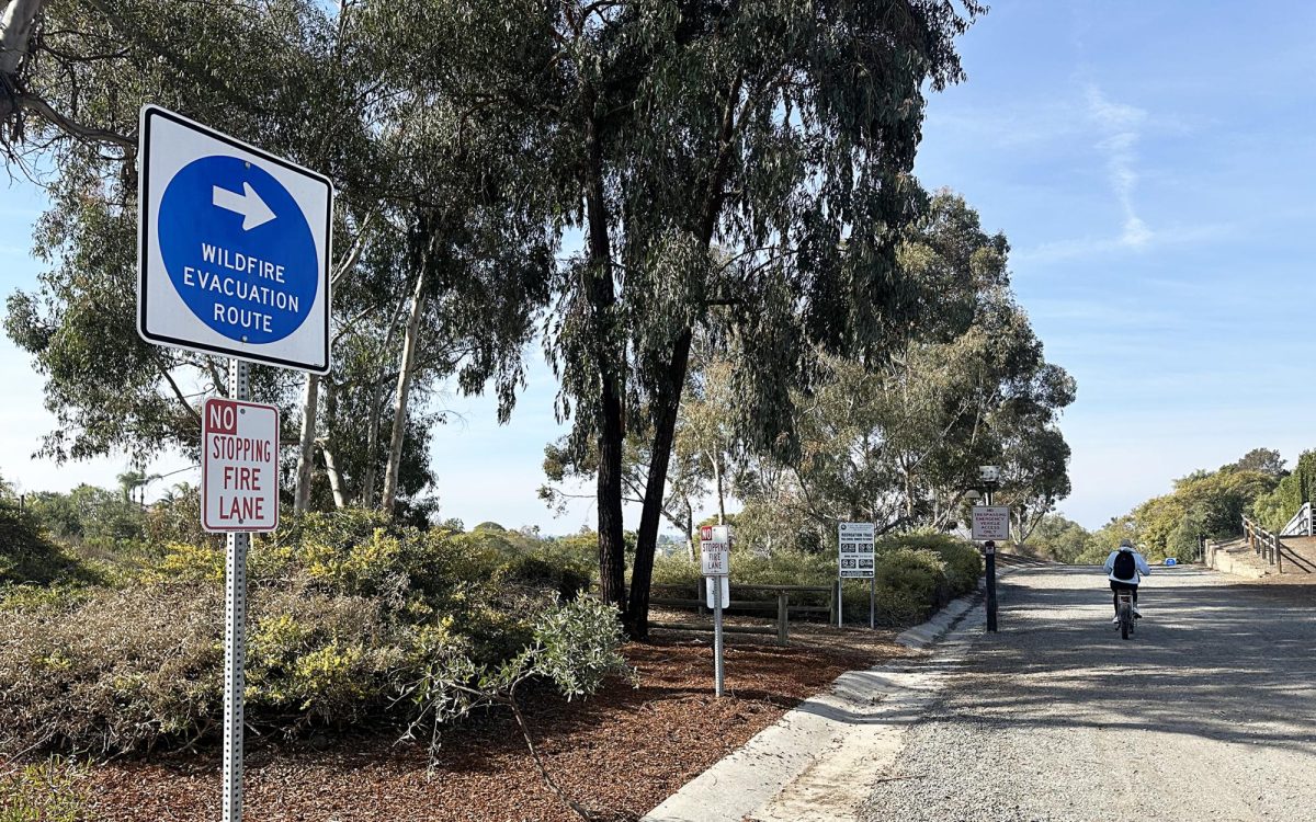 A sign gives directions to one of Olivenhain’s few fire evacuation routes, pictured Jan. 31. (Photo by Patrick Doyle)