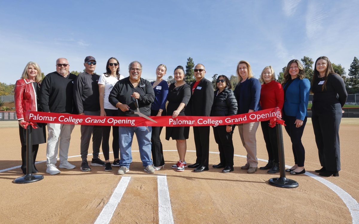 Palomar College coaches and officials celebrate the opening of the San Marcos campus’ new softball stadium on Jan. 22. (Palomar College photo)