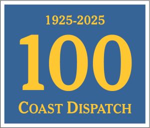 Blue square with gold lettering: 1925-2025, 100, Coast Dispatch